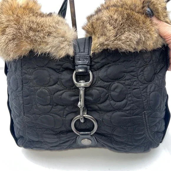 Coach Vintage Black Quilted Fur Trimmed Shoulder Bag Hobo Purse - Picture 9 of 16